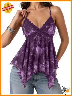 Y2K Lace Sequin Babydoll Peplum Tank Top Flowy Going Out Top